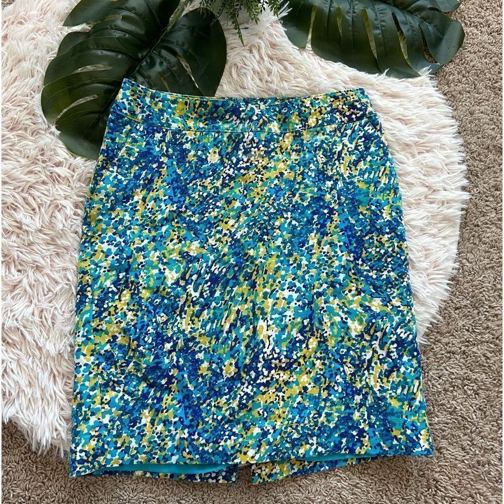 Merona Lime Green Teal Blue Busy Dot Stretch Pencil Knee Length Skirt 2 See Det.